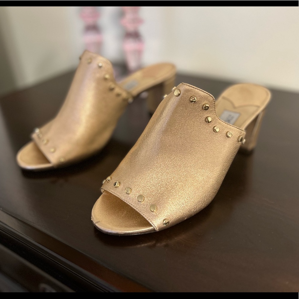 Jimmy Choo Myla rose gold studded peep toe mules
